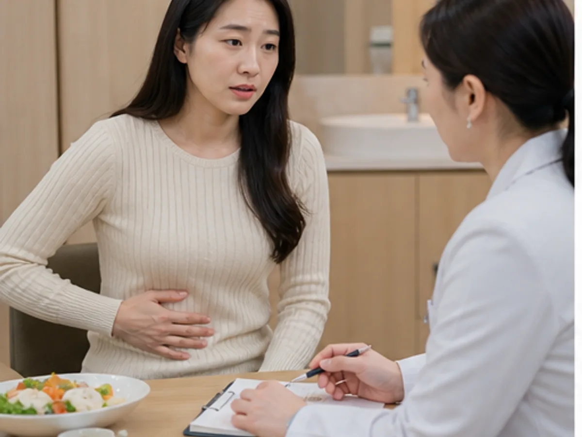 복부가스 환자가 식후 팽만과 트림 증상을 상담하는 모던 한의원 장면
