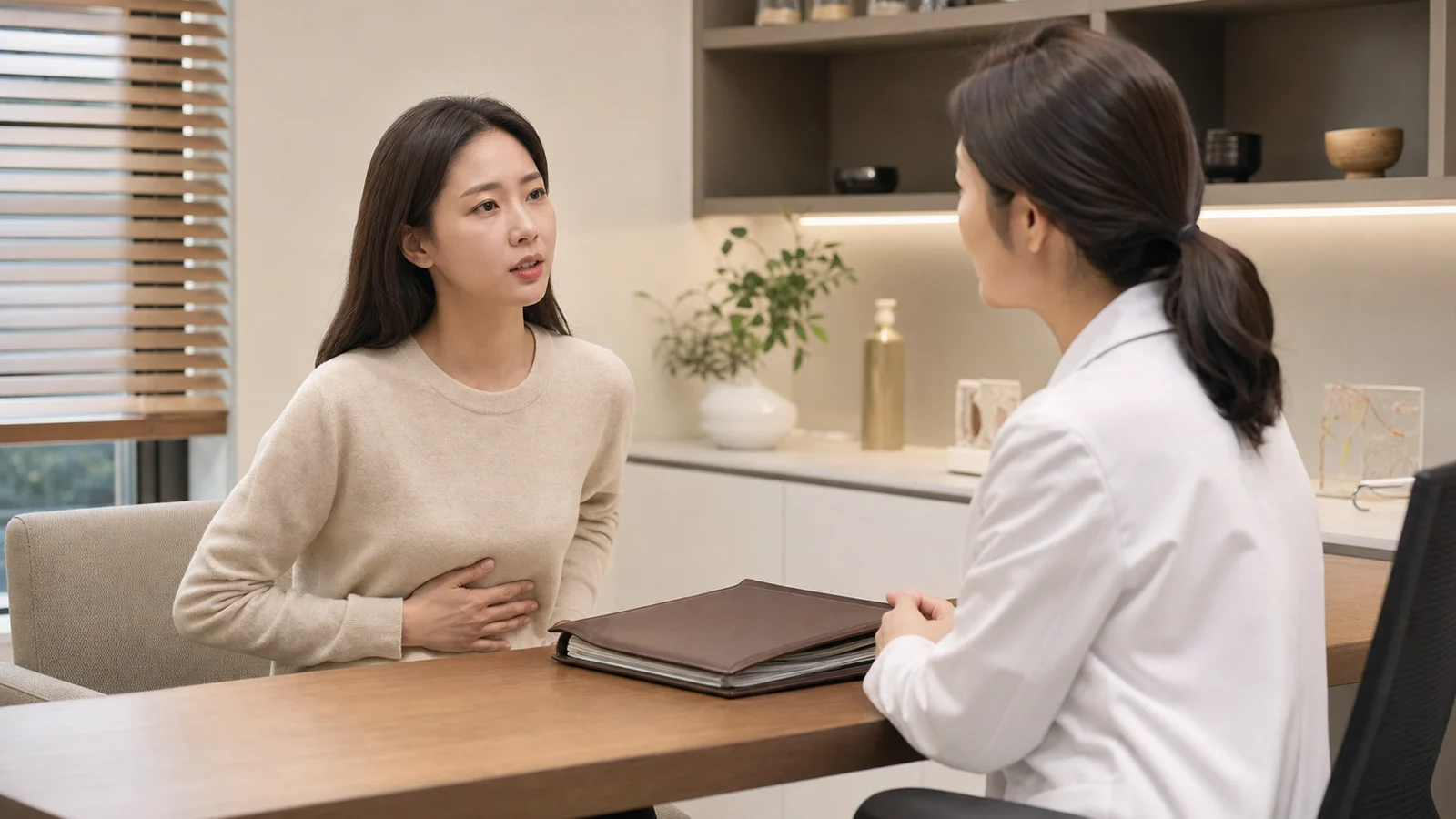 급성위염 환자가 명치 통증과 메스꺼움을 한국인 의료진과 상담하는 국내 한의원 진료실 장면