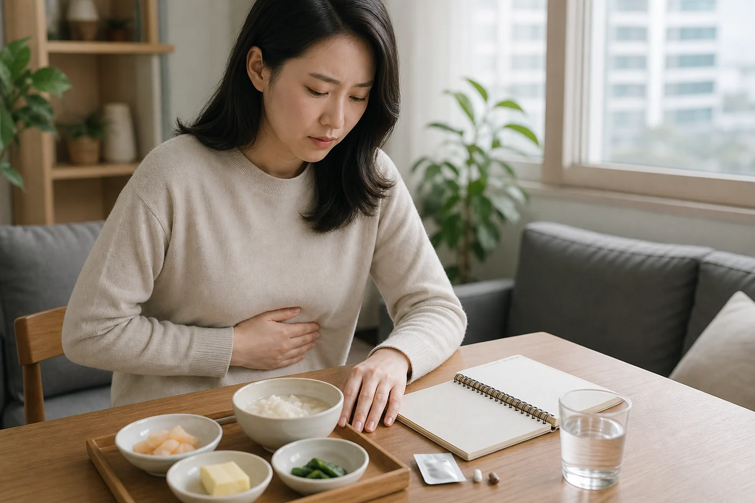 급성위염 환자가 식사 뒤 명치 통증과 메스꺼움을 생활 기록으로 정리하는 장면