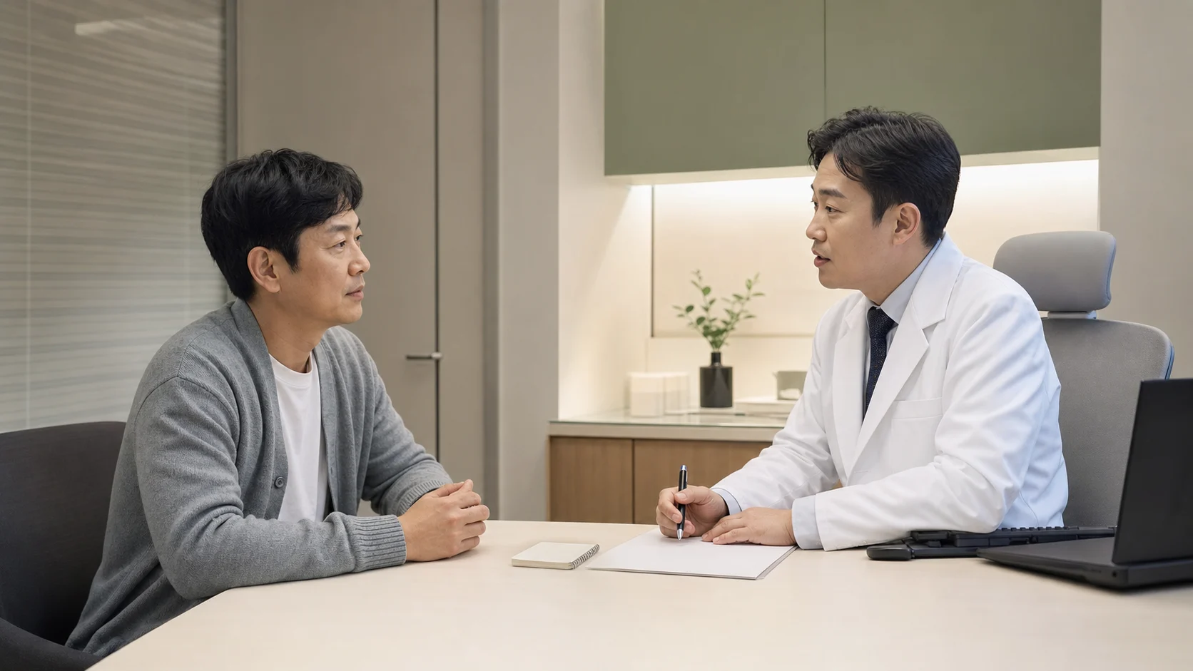 성인야뇨 환자가 모던 한의원 상담실에서 밤 소변과 수면 부담을 차분히 설명하는 장면