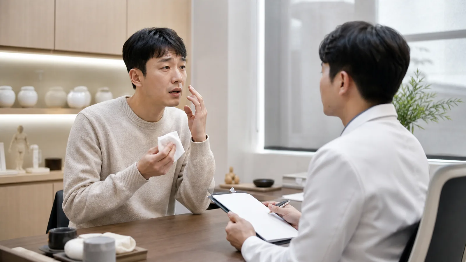 알레르기비염 환자가 휴지를 들고 재채기와 맑은 콧물 반복을 한국인 의료진에게 상담하는 진료실 장면