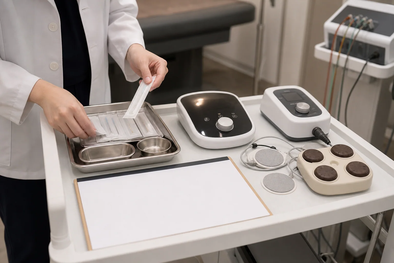 무월경 진료 흐름에서 침 치료 도구와 온열 장비를 준비한 현대 한의원 치료실 장면