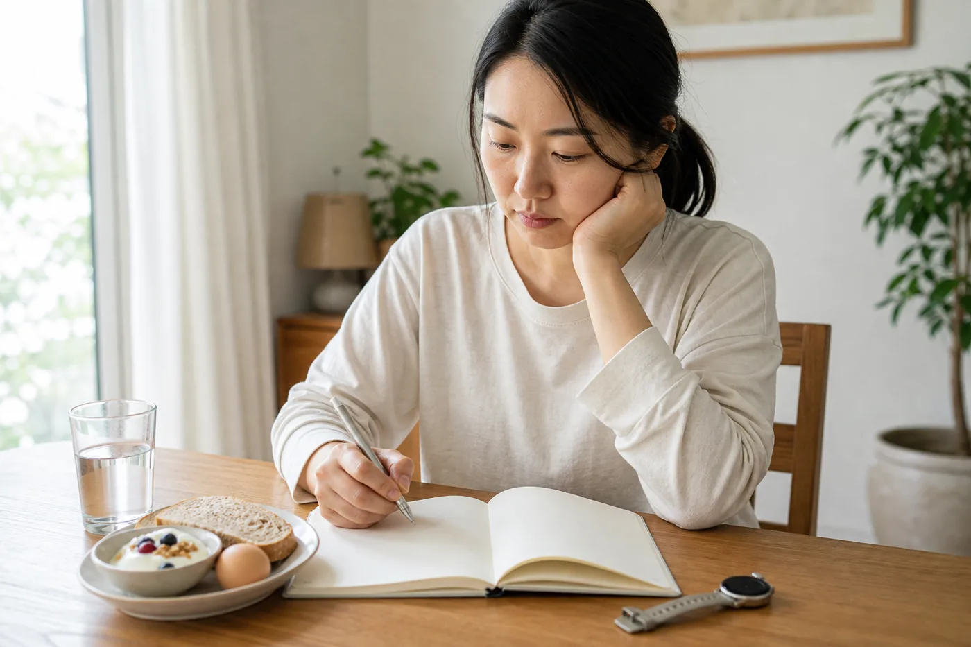 빈혈 환자가 집에서 어지러움과 피로가 반복되는 시간을 생활 기록으로 적는 장면