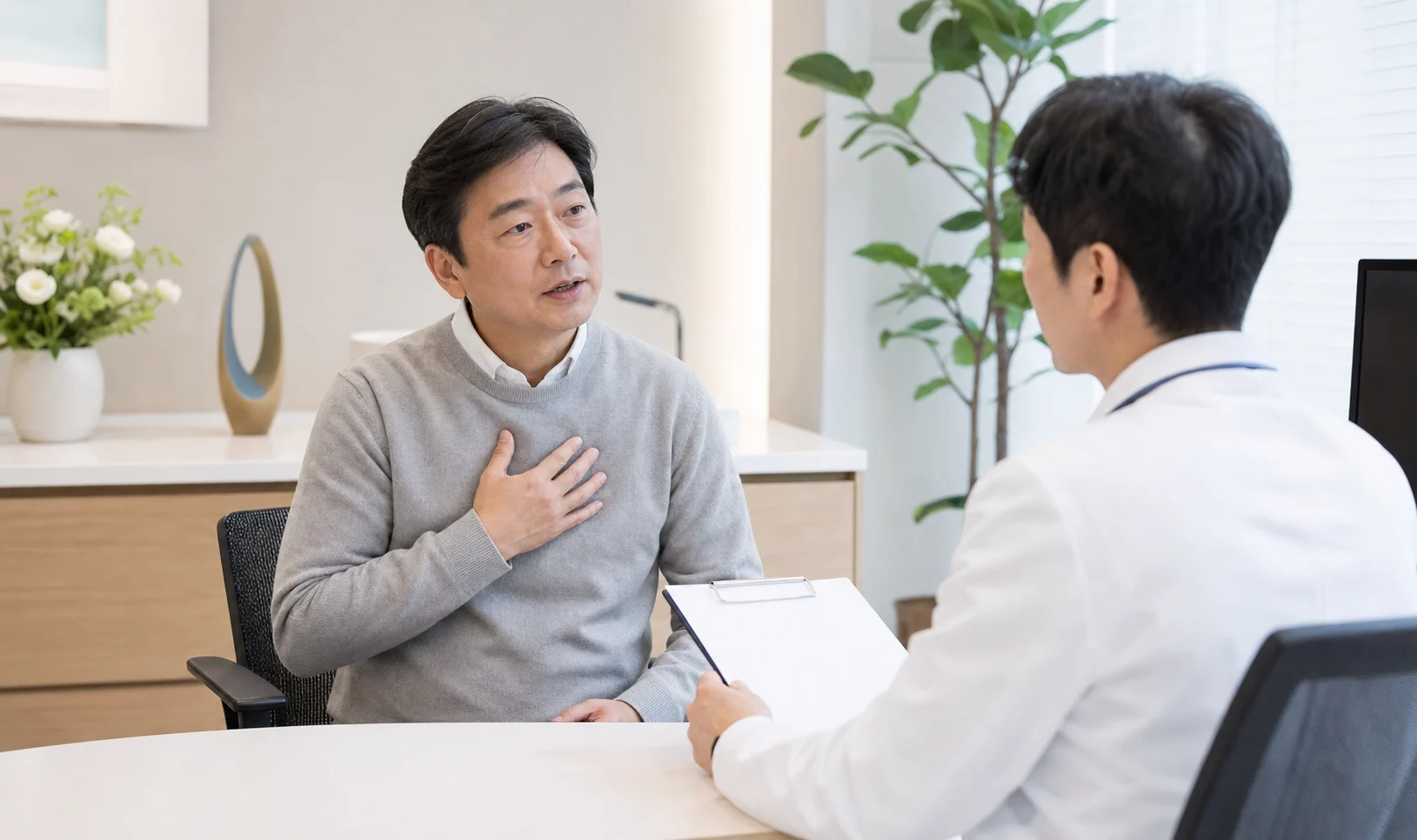 협심증 환자가 가슴 답답함과 운동 뒤 흉통을 진료실에서 상담하는 현대 클리닉 장면