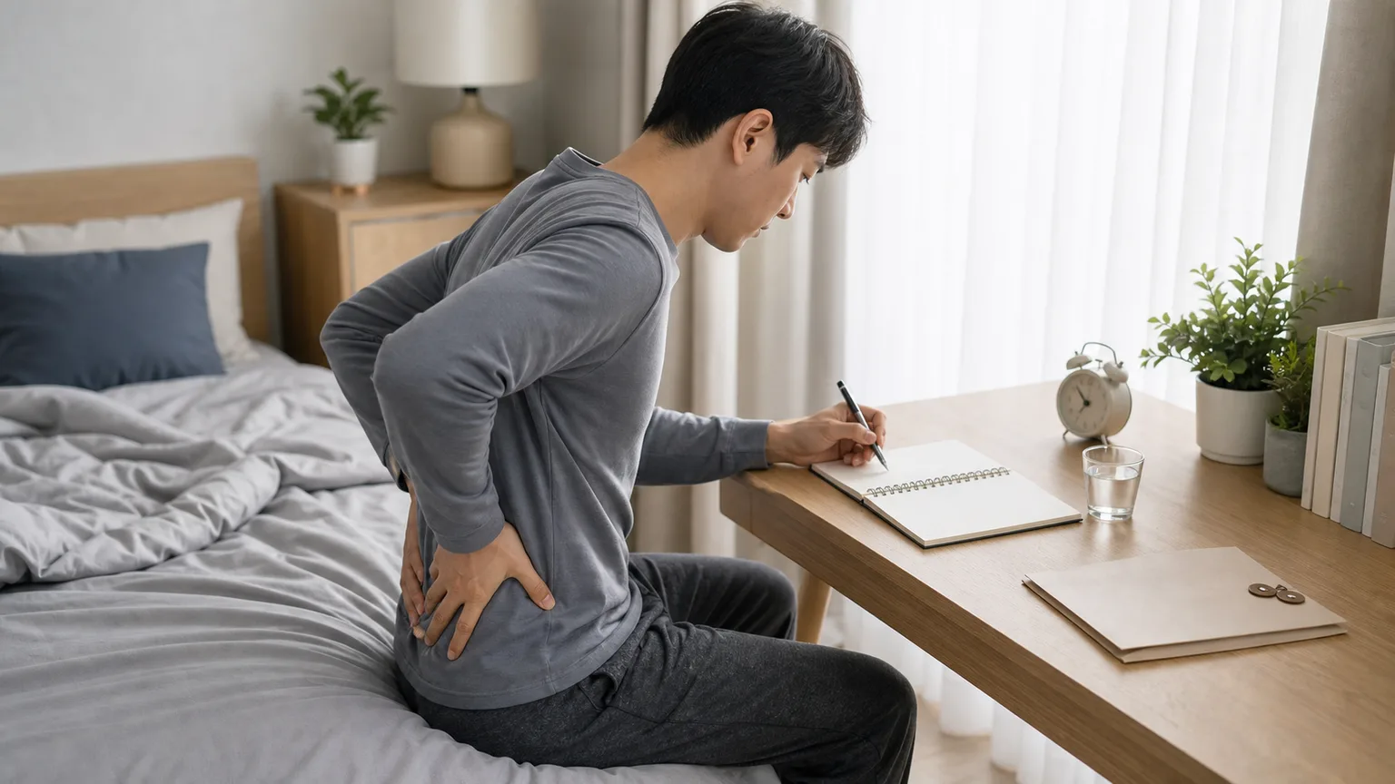 강직성 척추염 환자가 아침에 허리와 골반 강직을 느끼며 증상 기록을 남기는 장면