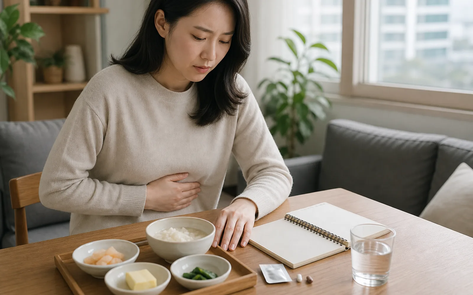 식사 앞에서 복부 불편과 식욕 조절 기록을 떠올리는 한국인 환자