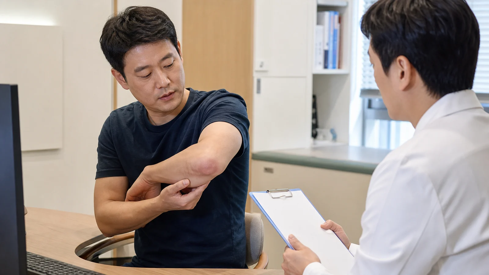 팔꿈치와 전완 통증을 설명하는 한국인 환자와 국내 한의원 진료실 상담 장면