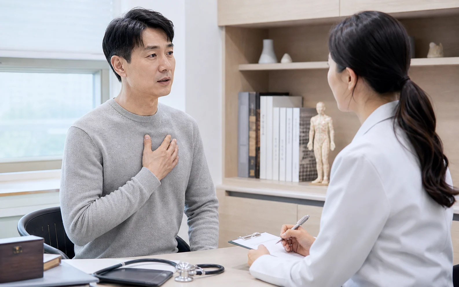 소아 천식 보호자가 아이의 숨참과 야간 기침 반복을 상담하는 밝은 진료실 사진