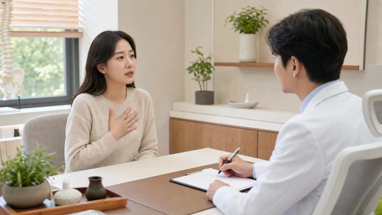 천식 환자가 밤 기침과 가슴 답답함을 현대 한의원 진료실에서 상담하는 장면