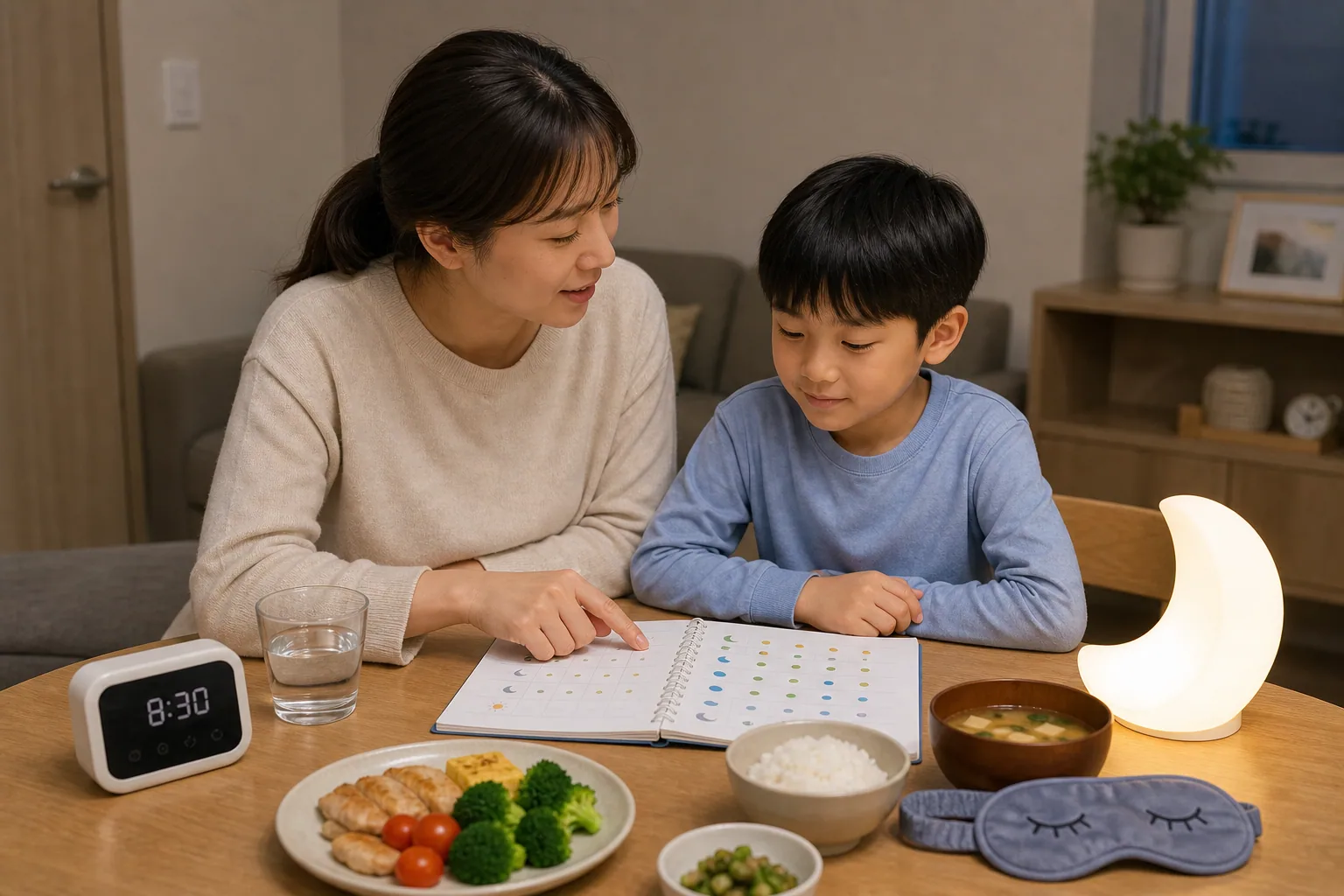 한국인 보호자와 아이가 아토피 수면 가려움과 생활 조건을 기록하는 장면