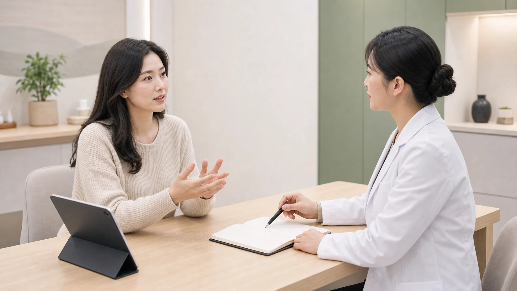 자율신경실조증 상담에서 어지럼과 두근거림, 수면 변화를 한국인 의료진과 이야기하는 진료 사진