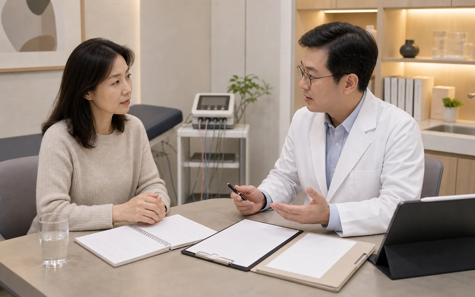 방광통증 환자가 증상 시간표와 검사 기록을 놓고 한의원 초진 상담을 받는 장면