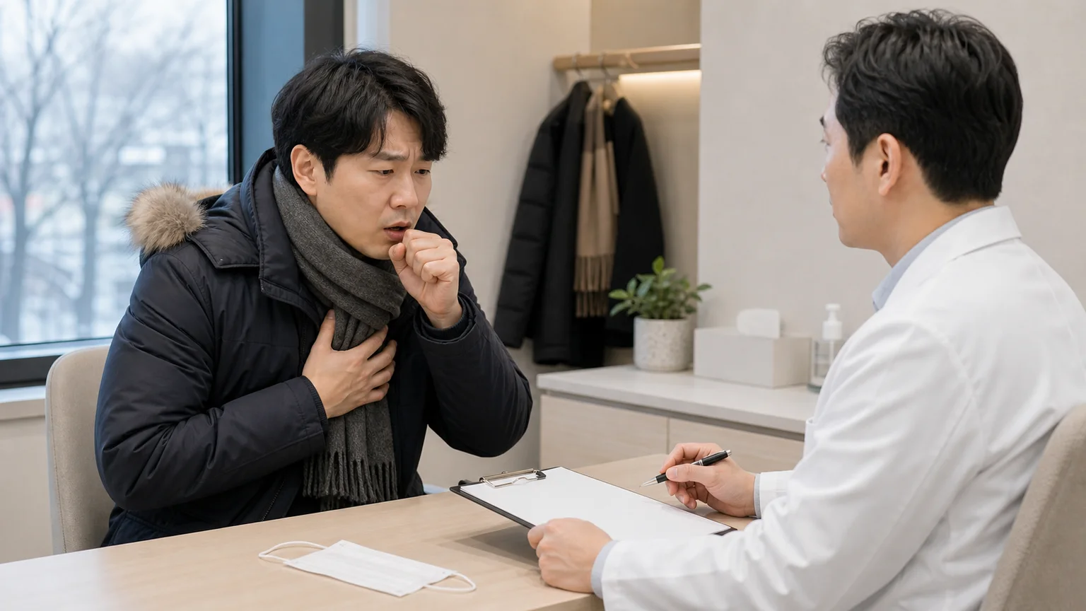 찬 공기 뒤 기침이 올라온 한국인 환자가 국내 한의원 진료실에서 상담하는 장면