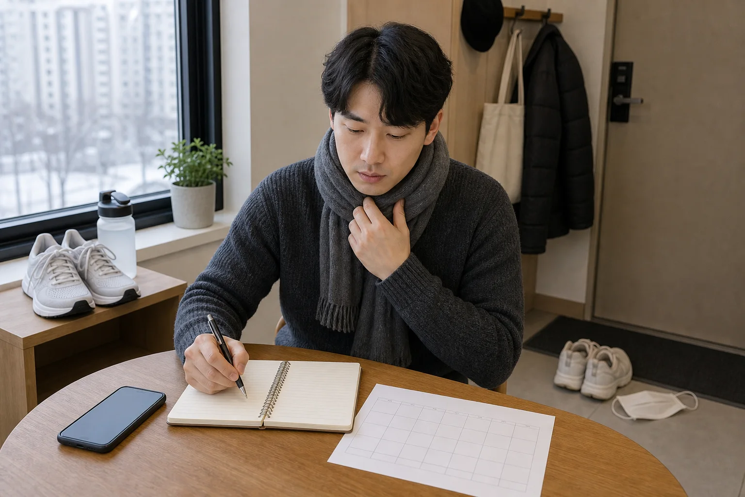 한국인 환자가 겨울 외출과 운동 뒤 기침 유발 상황을 생활 기록으로 적는 장면