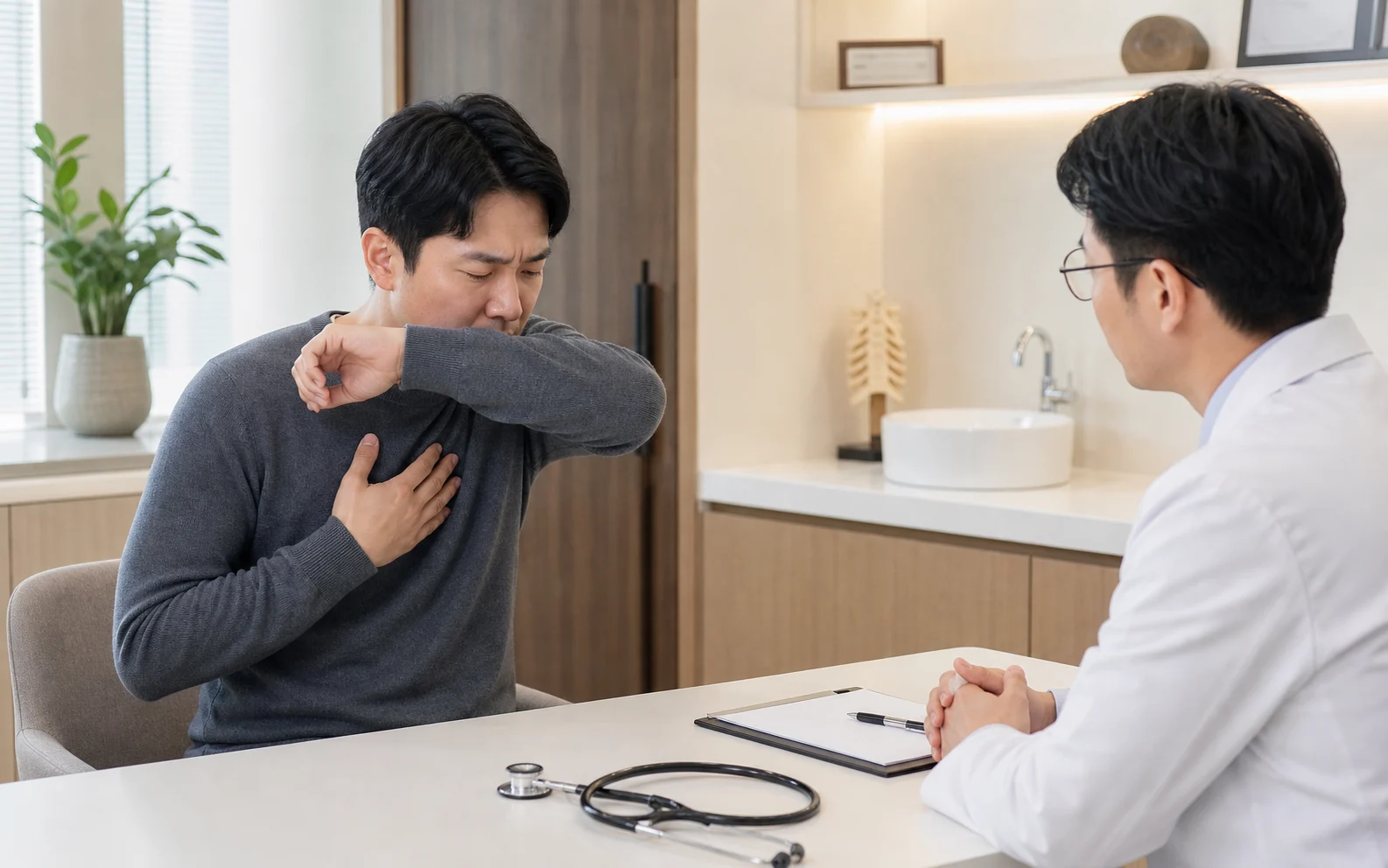 기관지확장증 환자가 젖은기침과 가래 부담을 밝은 한의원 상담실에서 설명하는 장면