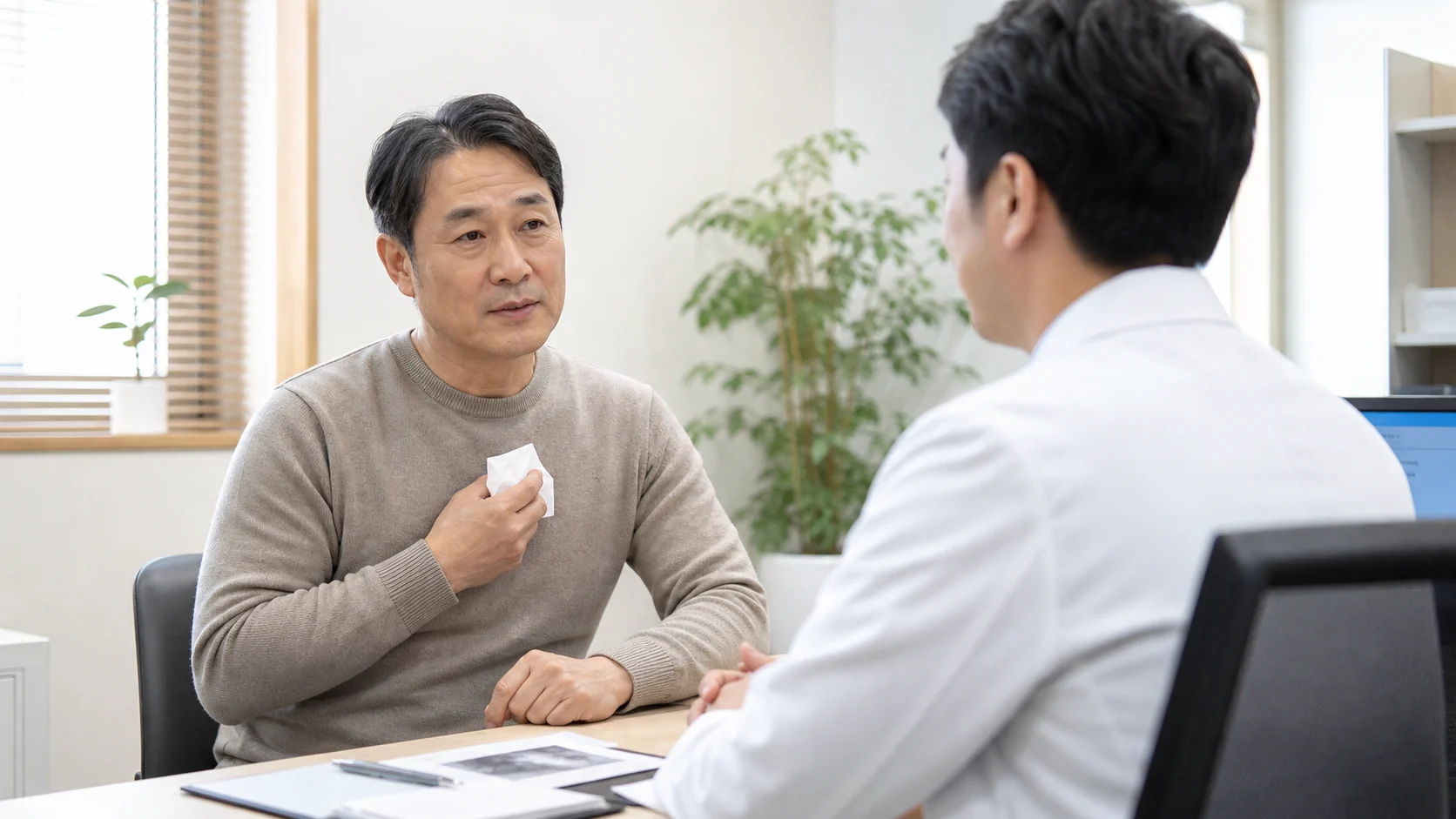 기관지염 환자가 기침 뒤 가슴 답답함과 가래 증상을 상담하는 현대 한의원 진료실 장면