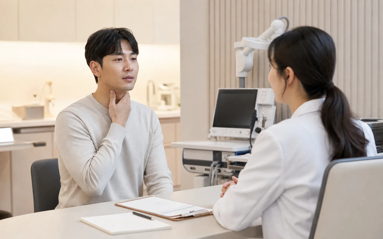 구강작열감증후군 환자가 혀와 입안 화끈거림, 구강건조, 치과 기록을 의료진에게 상담하는 현대 한의원 진료실 장면