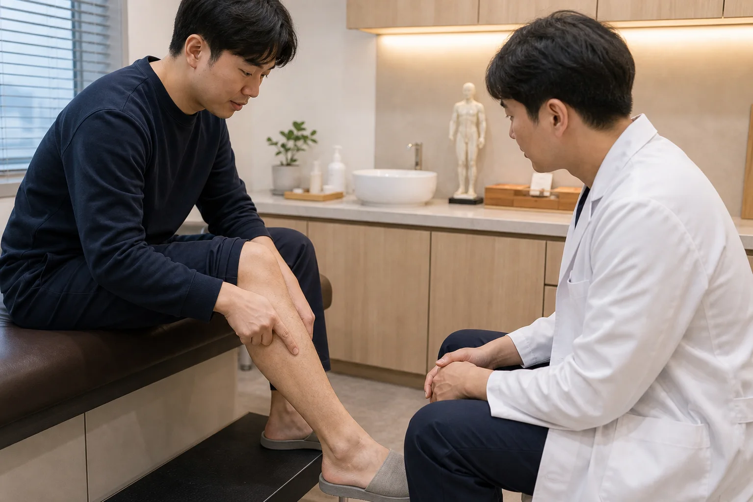 종아리 통증 환자가 장딴지 뒤쪽 당김과 야간 쥐남을 설명하며 초진 상담을 받는 장면