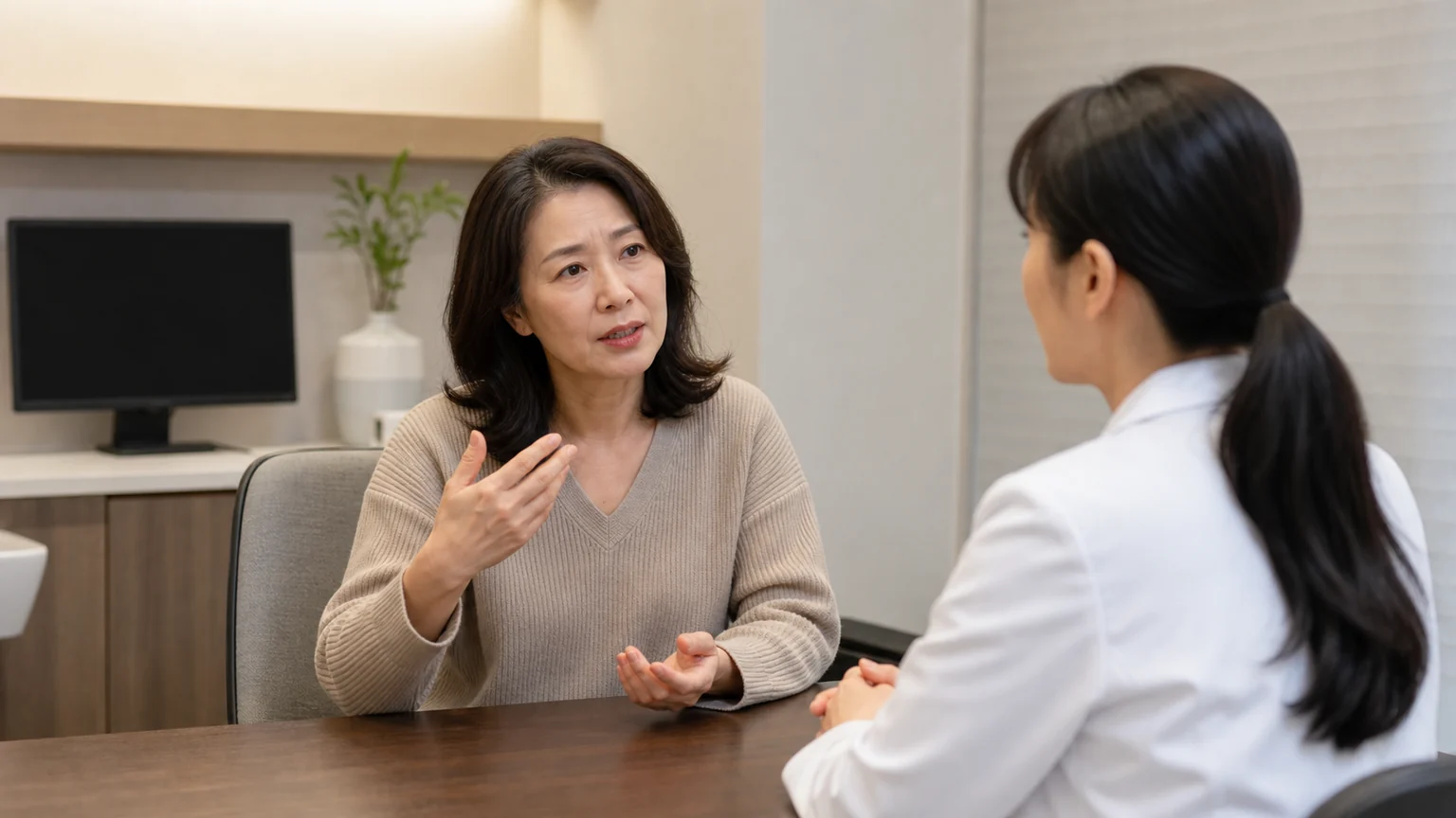 산후조리 상담에서 산모가 출산 후 회복 불편을 의료진에게 설명하는 밝은 진료실 사진