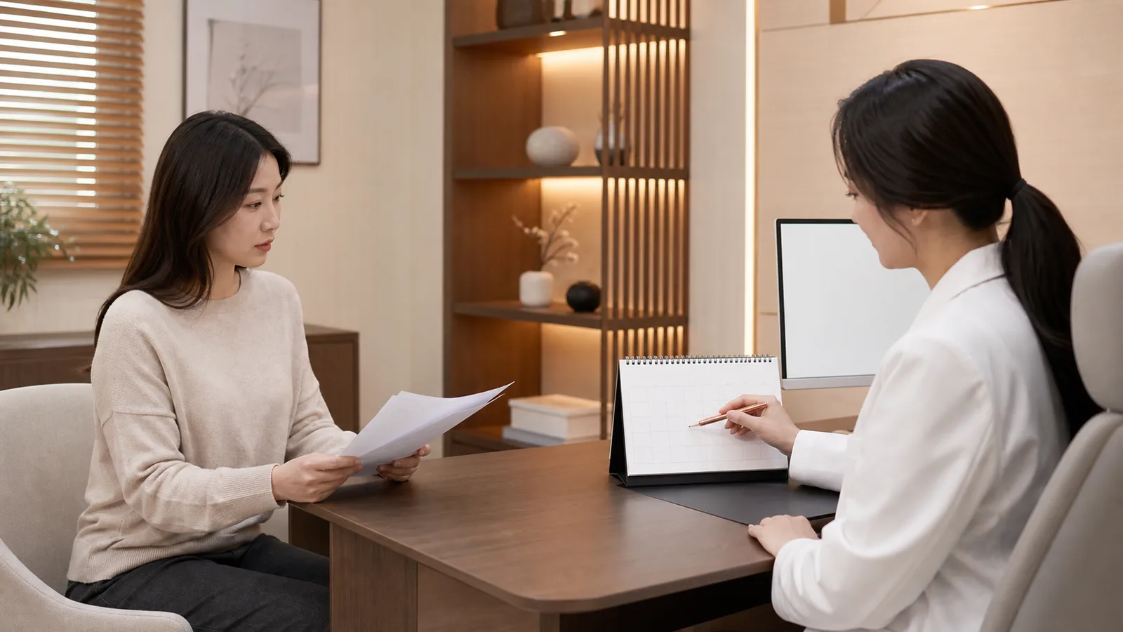 자궁경부이형성증 검사 결과를 들고 초진 상담을 시작하는 여성 환자와 의료진