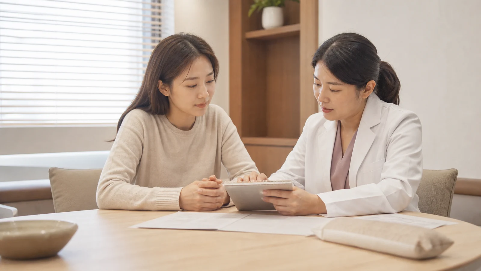 화학적 유산 후 조리 상담에서 한국인 여성 환자가 회복 기록을 의료진과 확인하는 장면