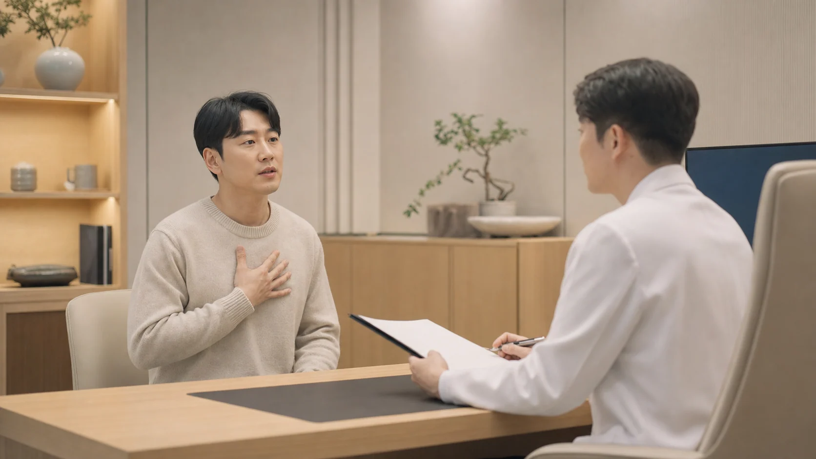 한국인 가슴 통증 환자가 국내 한의원 상담 공간에서 앞가슴 답답함과 반복 시점을 의료진에게 설명하는 장면