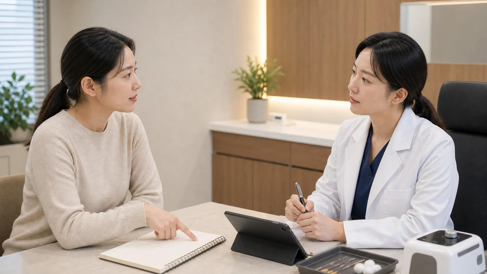 한국인 콜린성두드러기 환자와 한국인 의료진이 국내 한의원 상담실에서 증상 기록을 확인하는 장면