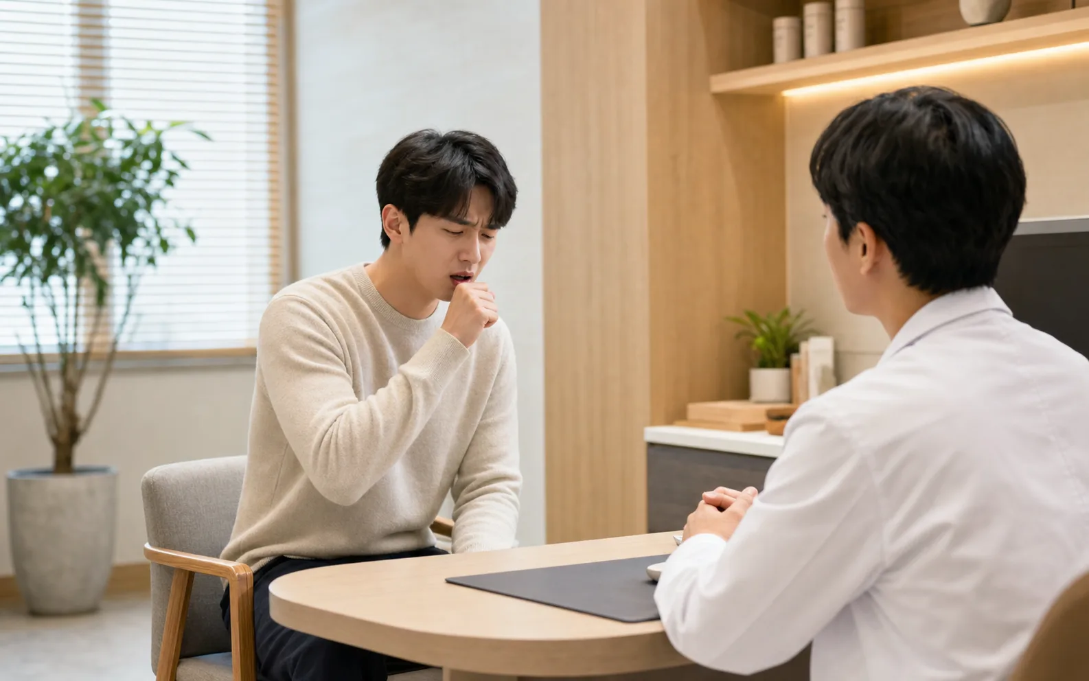 만성기침 환자가 밝은 진료실에서 기침이 반복되는 상황을 상담하는 실제 사진