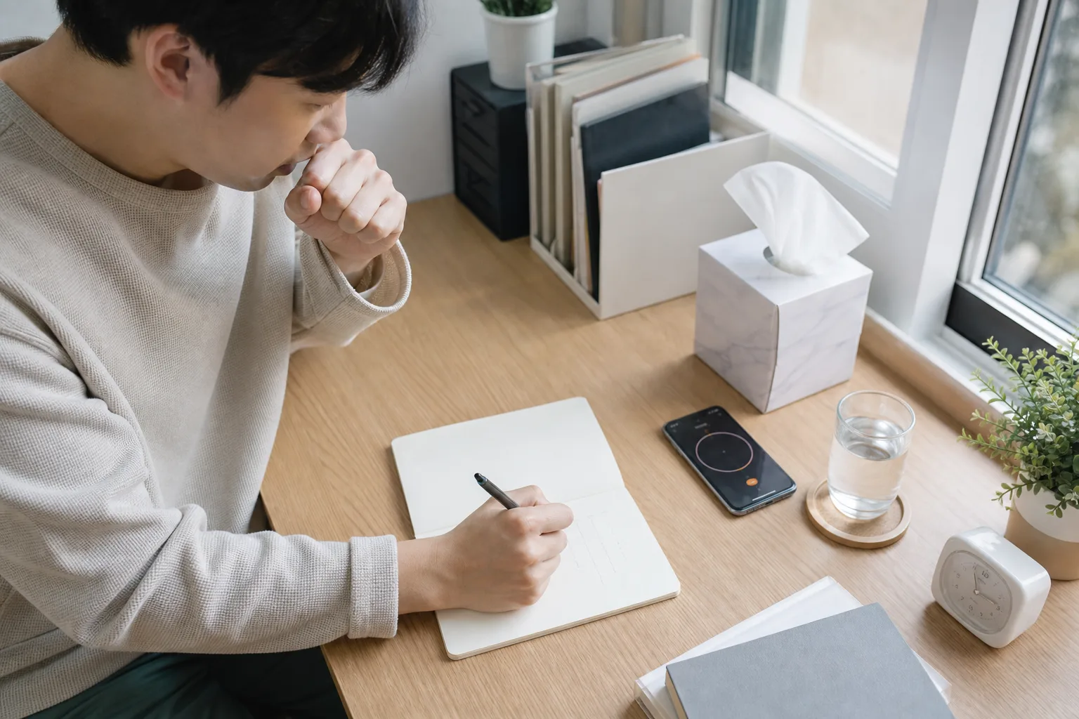 만성기침 환자가 집에서 기침 시간과 수면 방해를 기록하는 실제 생활 사진