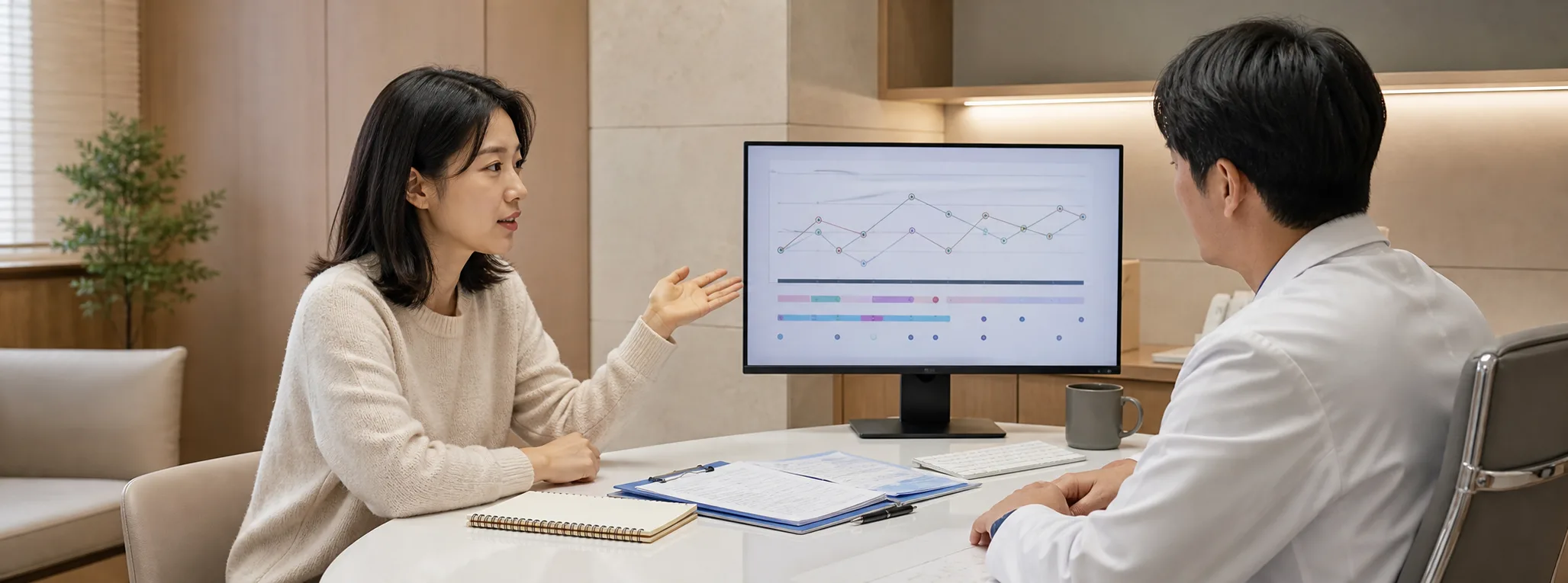 만성피로 환자가 활동량과 피로 악화 시간을 의료진과 함께 확인하는 실제 상담 사진