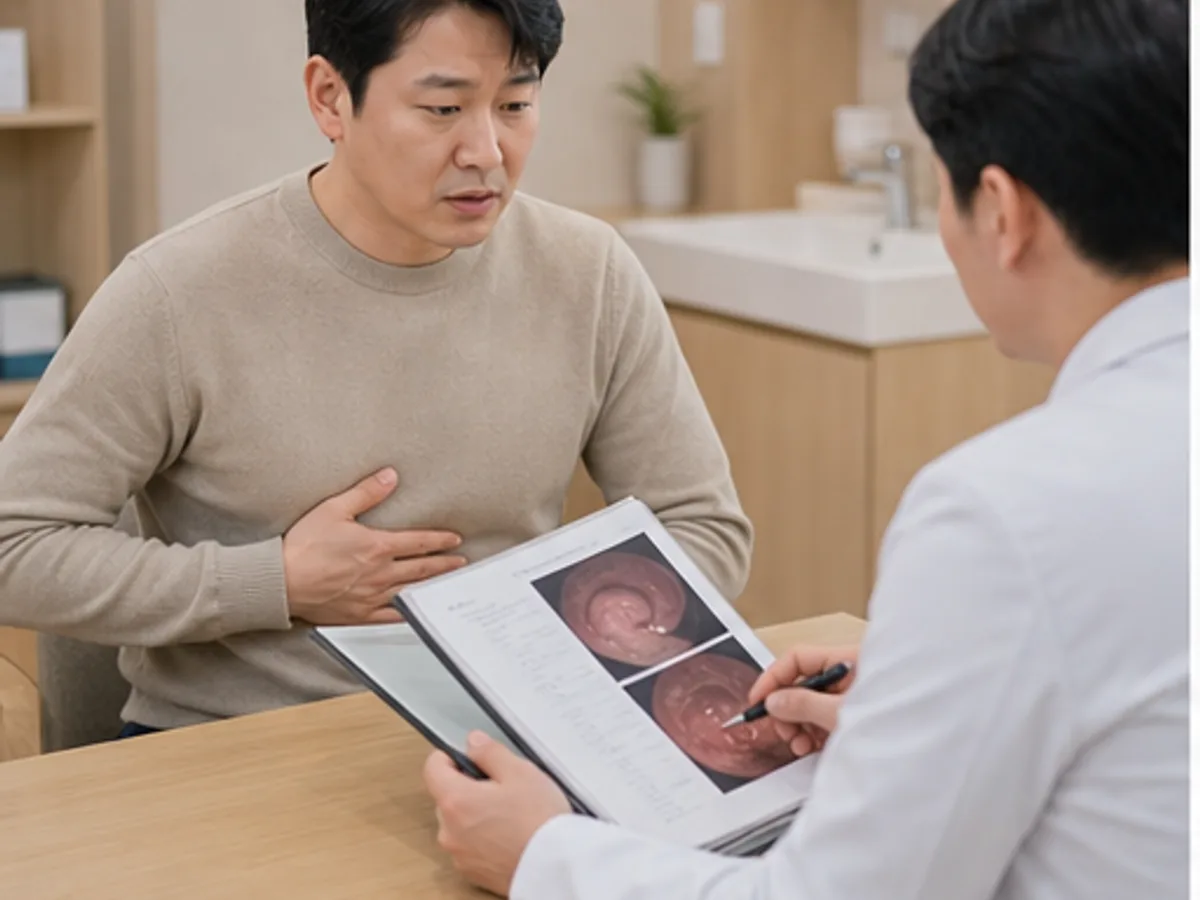 만성위염 환자가 명치 불편을 짚으며 내시경 사진과 증상 기록을 상담하는 모던 한의원 장면