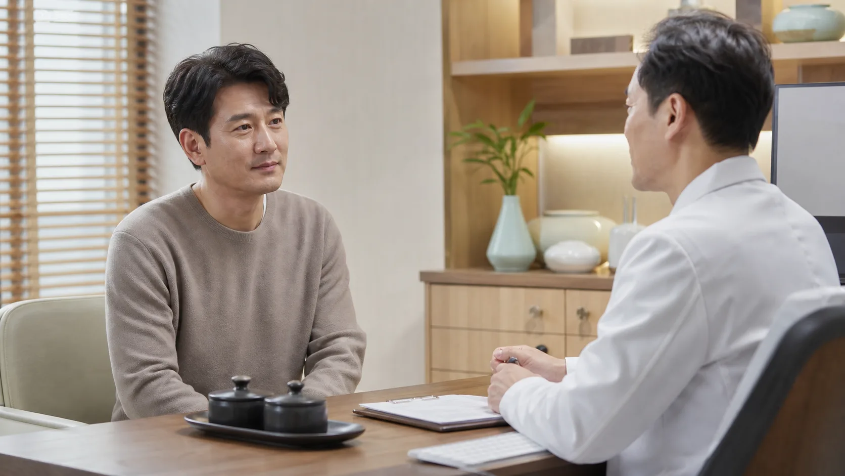 만성골반통증증후군 환자가 골반 통증과 배뇨 불편을 국내 한의원 진료실에서 상담하는 장면