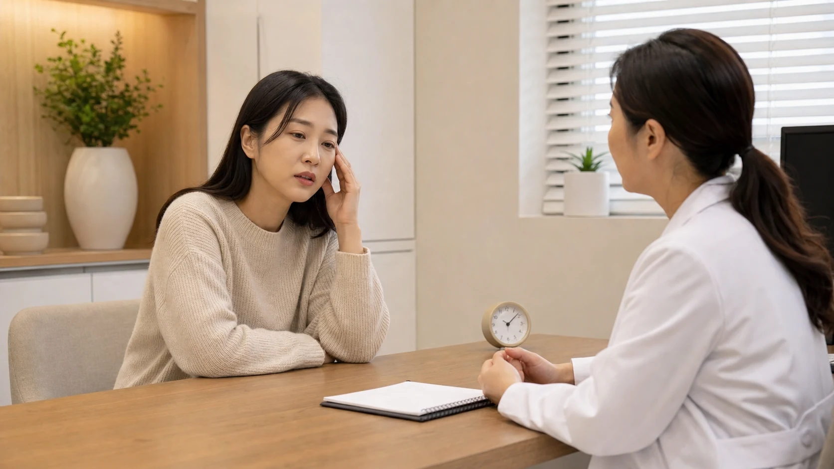 만성골반통 환자가 국내 한의원 진료실에서 골반통 시간표와 검사 자료를 상담하는 장면