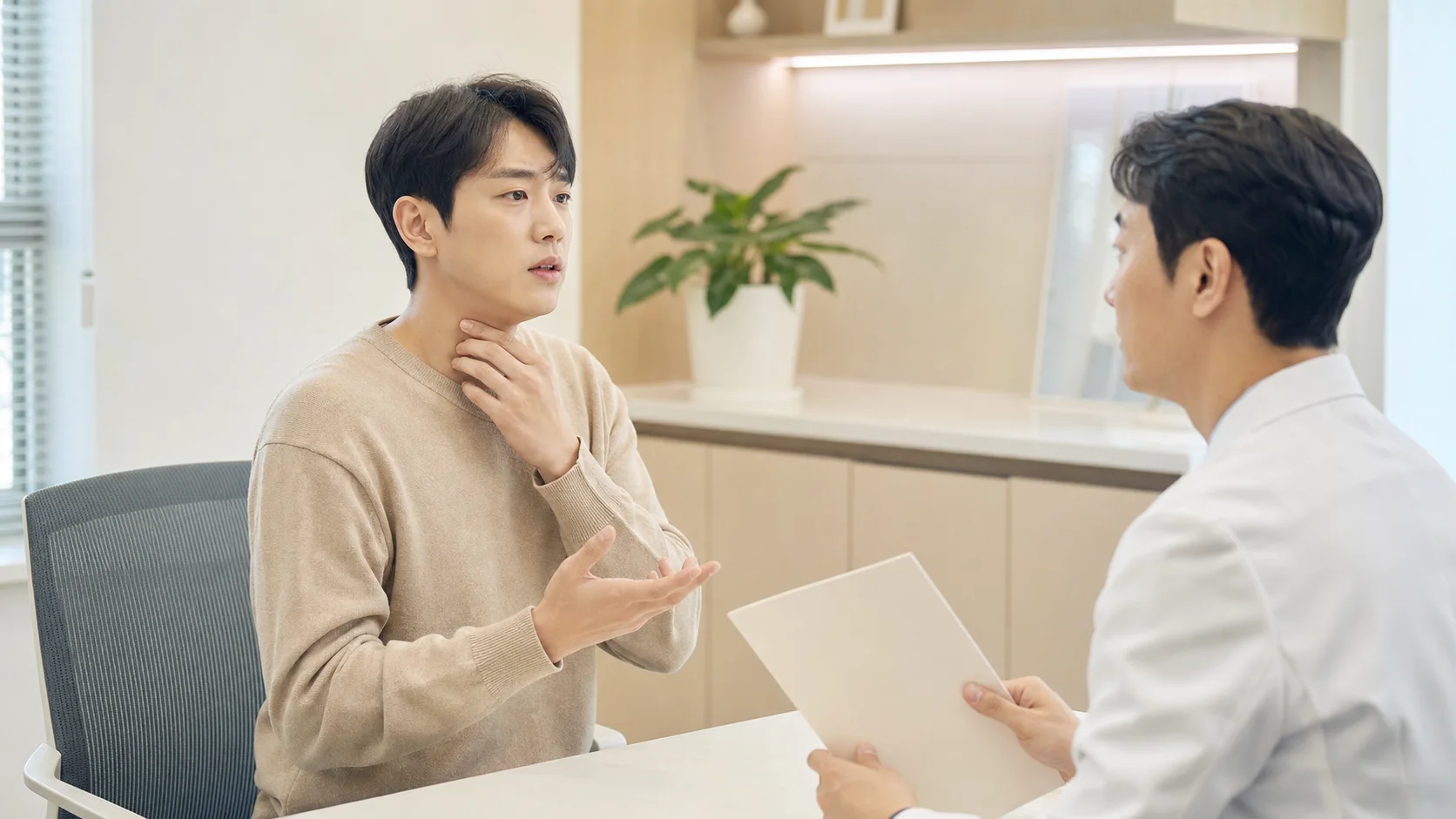 한국인 만성인후염 환자가 국내 한의원 진료실에서 목 건조감과 이물감을 상담하는 장면