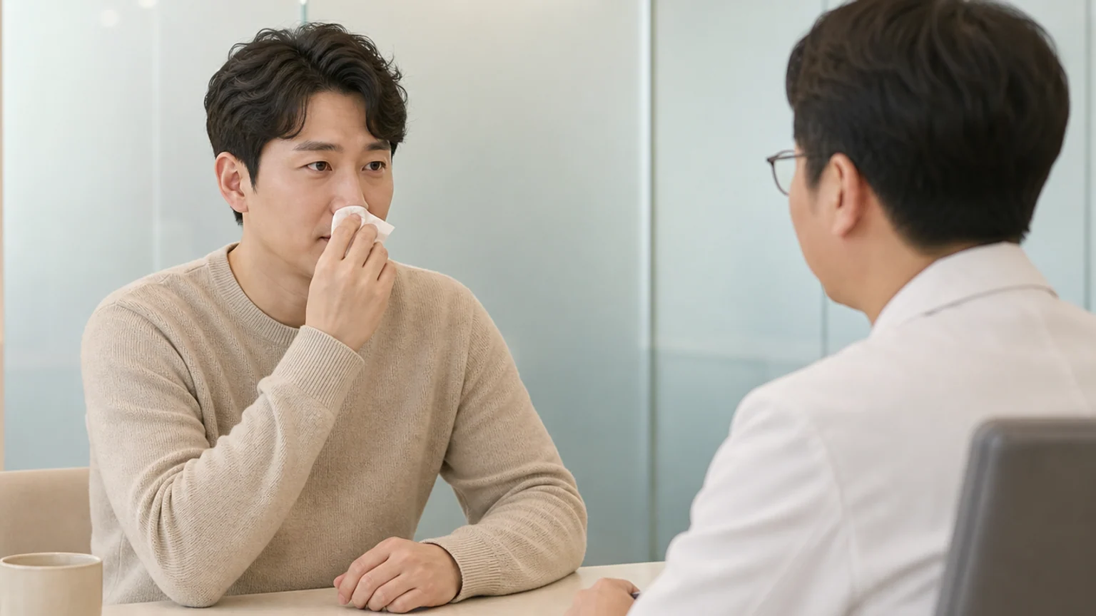한국인 만성비염 환자가 국내 한의원 진료실에서 코막힘과 콧물 반복을 상담하는 장면