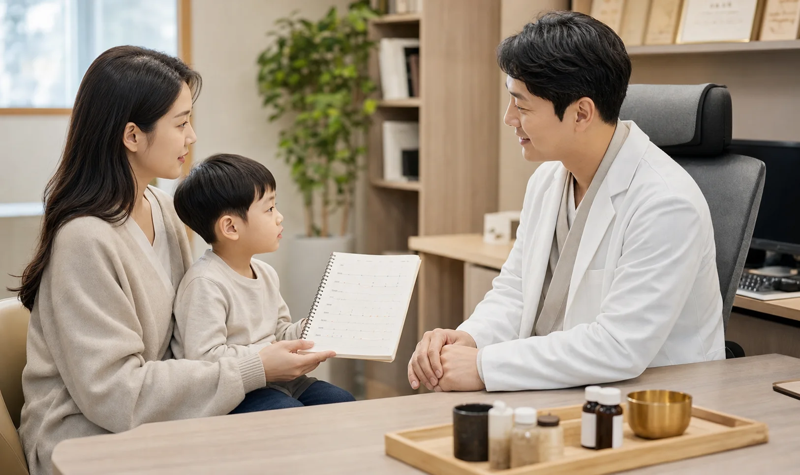 소아 감기 아이와 보호자가 밝은 진료실에서 증상 기록을 들고 상담하는 실제 사진
