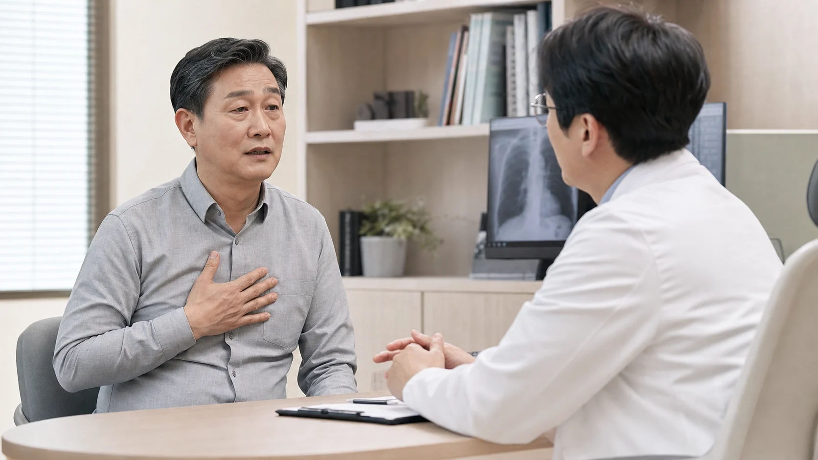 COPD 환자가 활동 시 숨참과 검사 기록을 들고 초진 상담을 시작하는 모던 한의원 장면