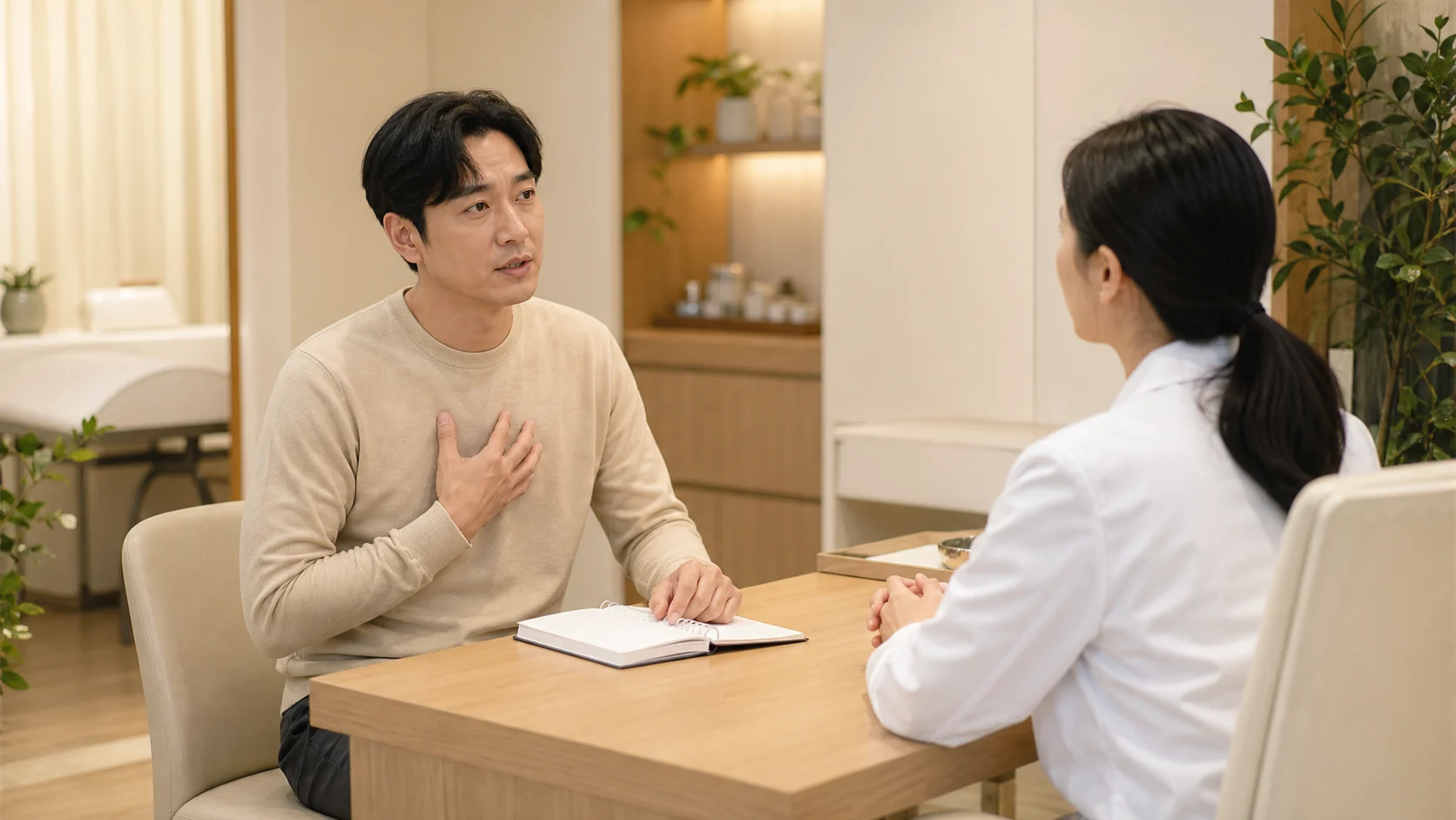 코로나후유증 환자가 밝은 진료실에서 감염 이후 남은 호흡 불편과 피로를 상담하는 실제 사진