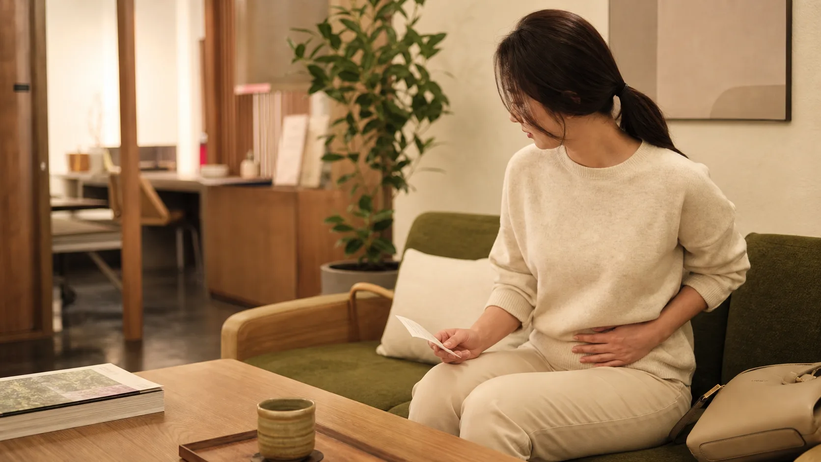 반복되는 배뇨통과 잔뇨감으로 방광염 상담을 준비하는 한국인 환자의 클리닉 대기 모습