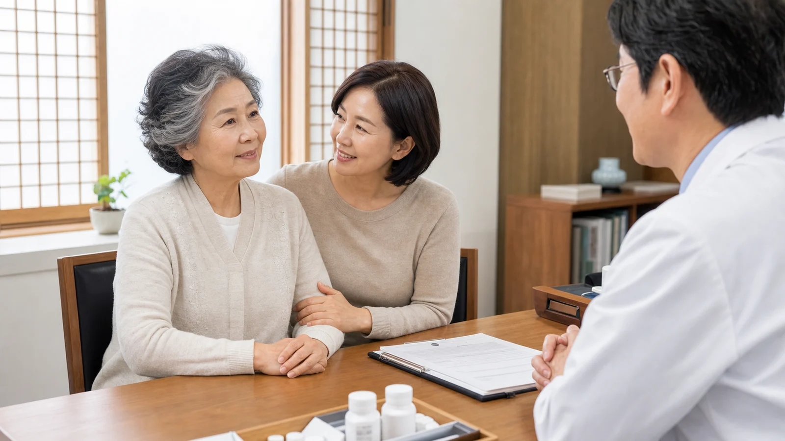 치매 환자와 보호자가 국내 한의원 진료실에서 기억 변화와 생활 안전을 상담하는 실사 장면
