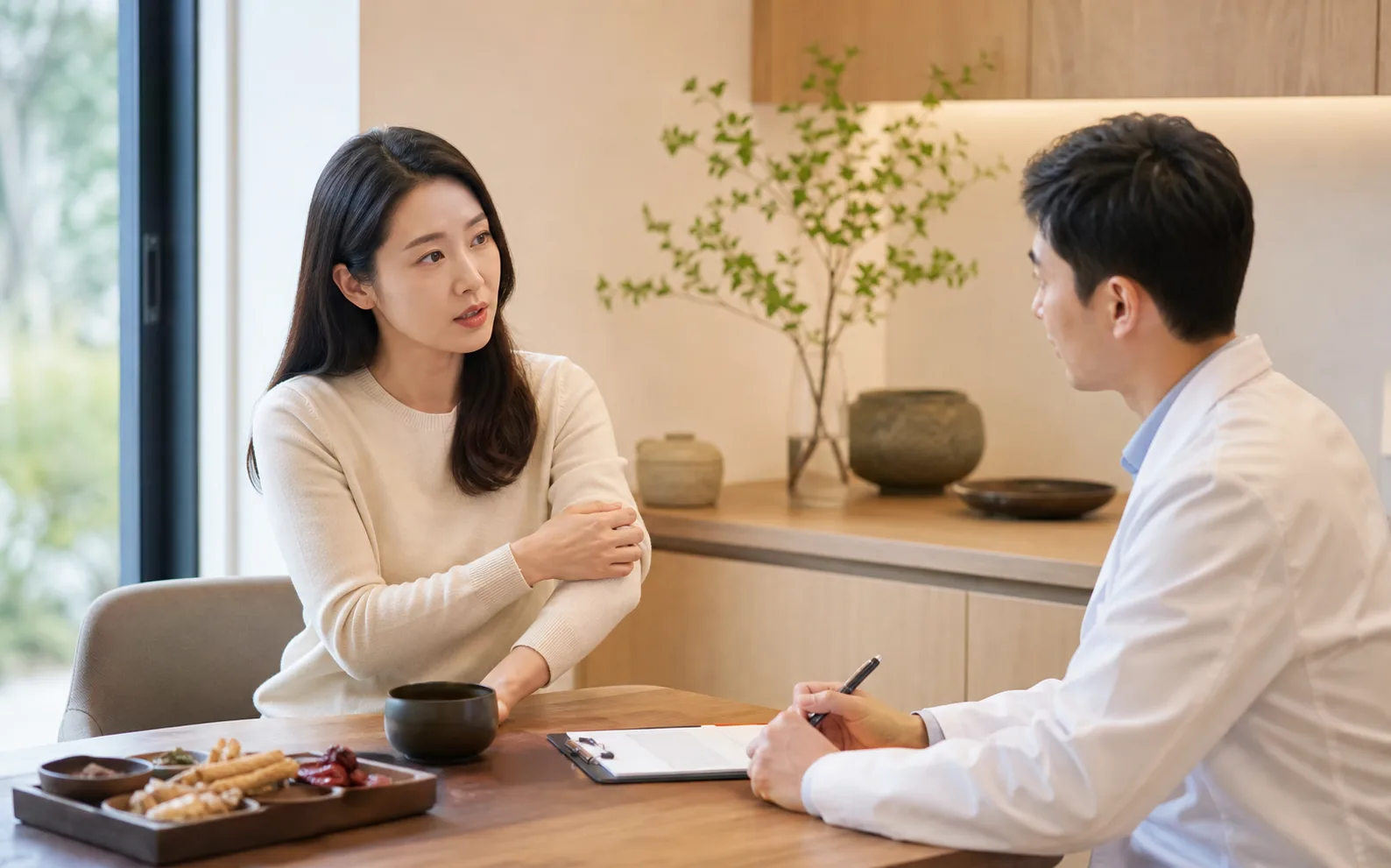 피부염 상담에서 한국인 환자가 가려움과 접촉 자극 기록을 의료진에게 설명하는 국내 한의원 진료실 장면