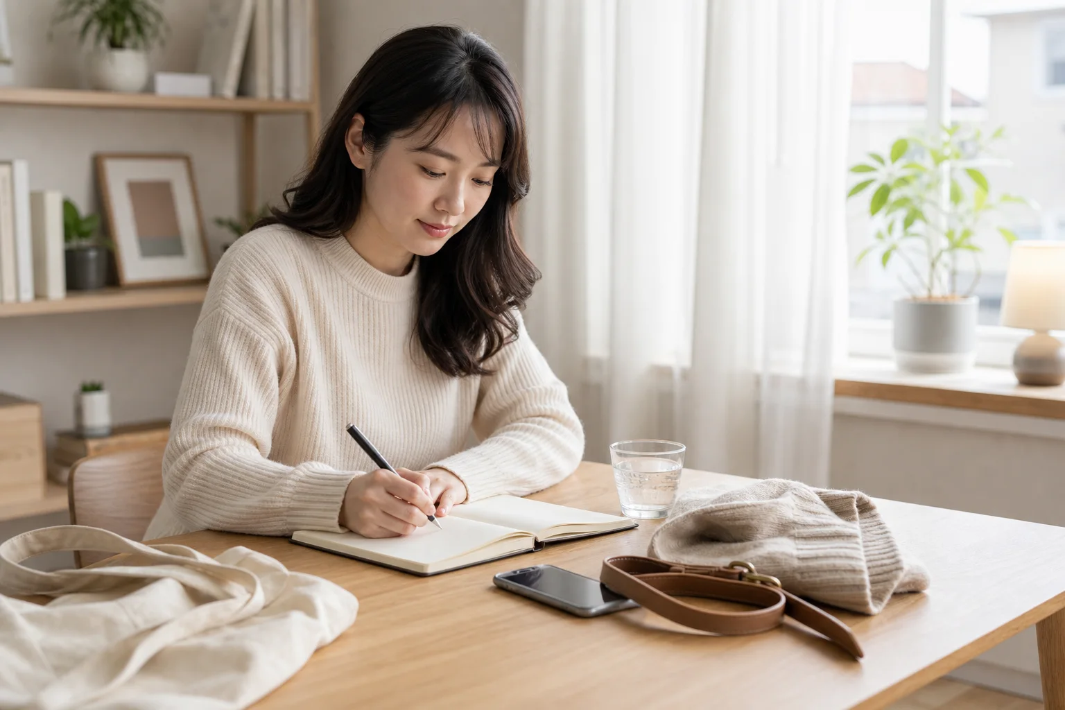 피부묘기증 환자가 집에서 마찰 유발 물건과 빈 증상 기록 노트를 정리하는 장면