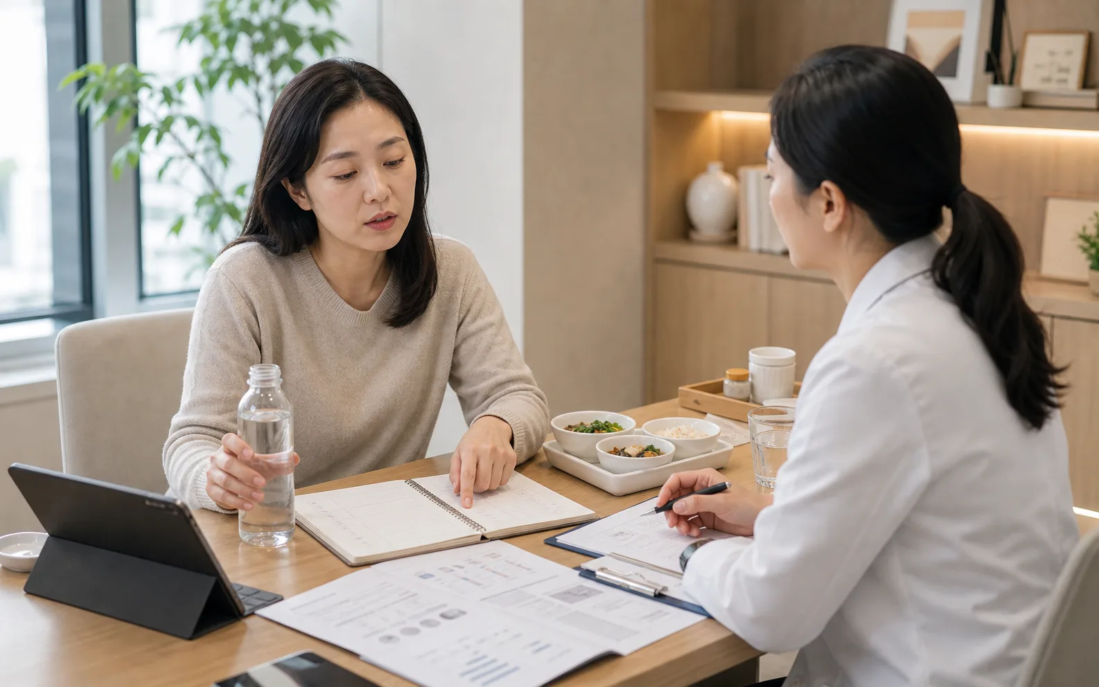 당뇨 환자가 혈당 기록과 식사 시간을 초진 상담에서 설명하는 장면