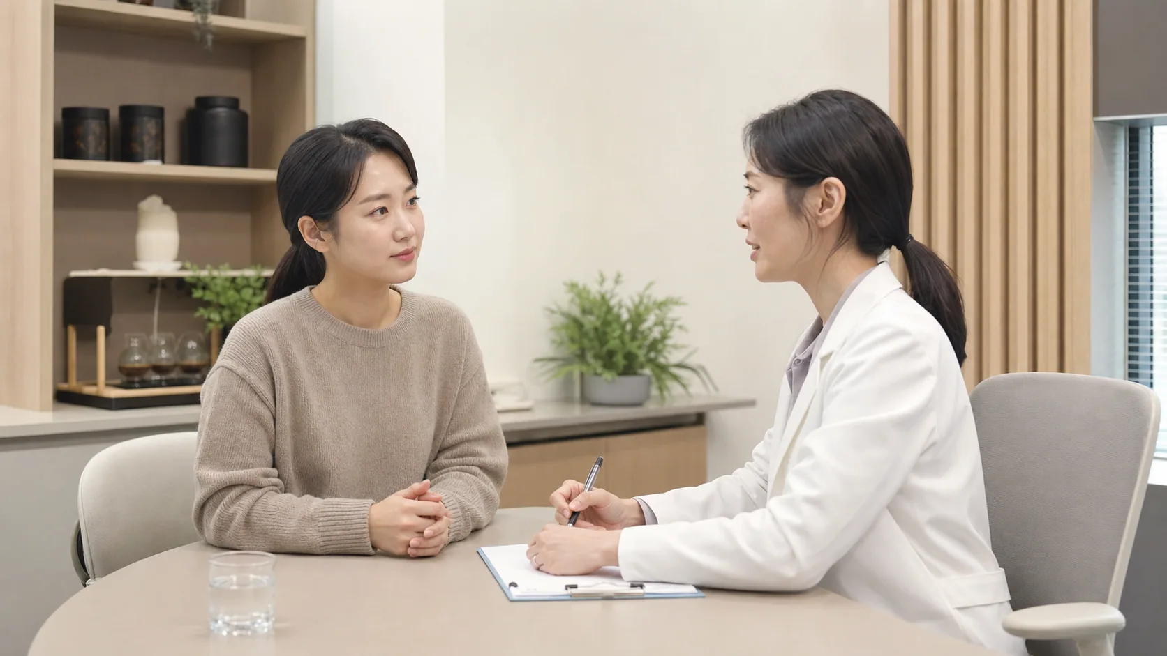 한국인 산모가 국내 한의원 상담실에서 산후 다이어트와 회복 상태를 한국인 의료진과 이야기하는 사진
