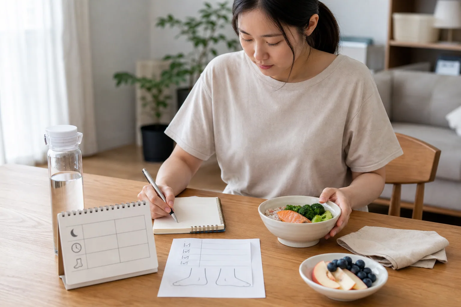 한국인 산모가 산후 식사와 수면, 부종 변화를 생활 기록으로 정리하는 사진