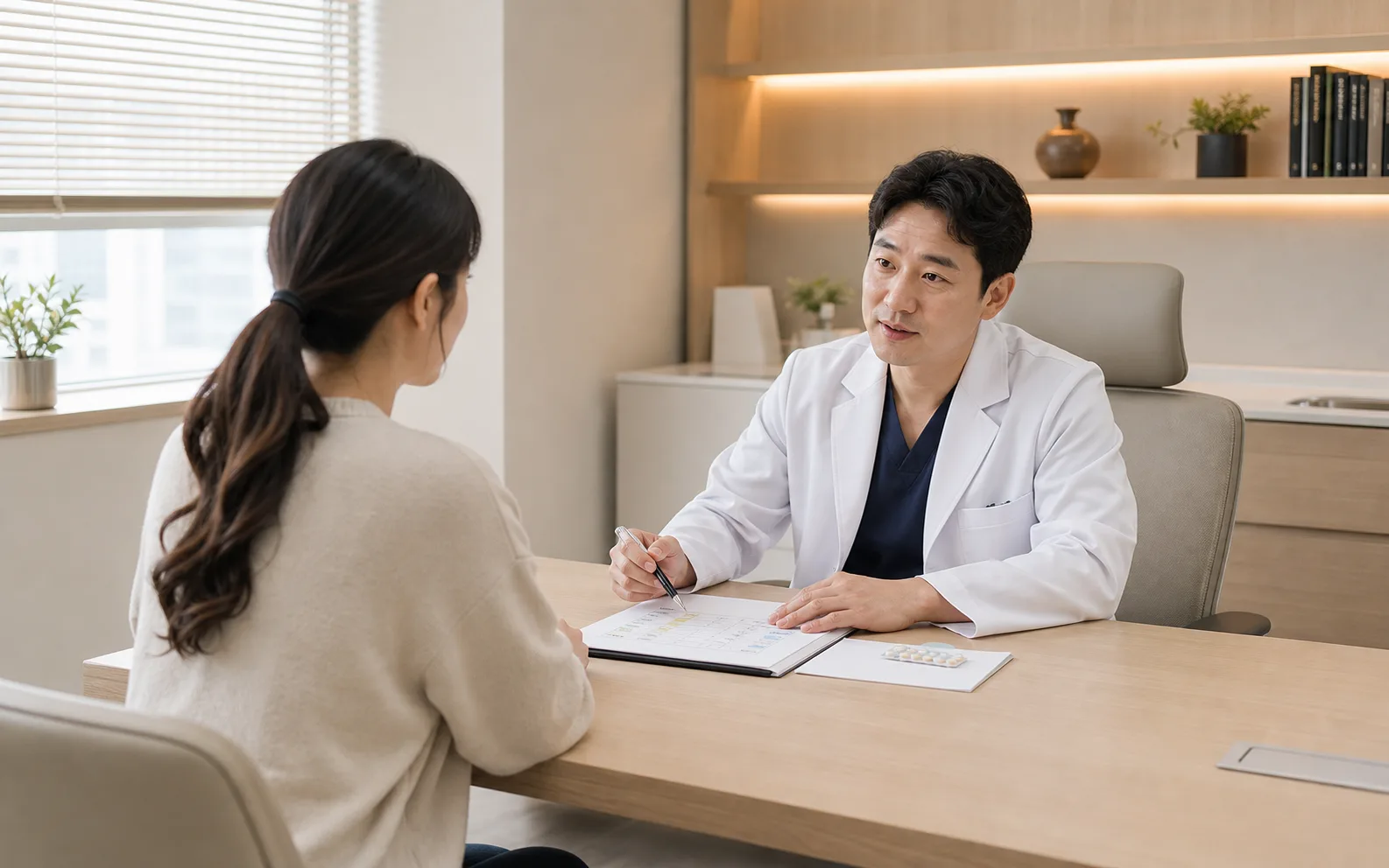 안구건조와 눈피로로 화면 사용 시간과 검사 기록을 상담하는 밝은 한의원 진료 장면