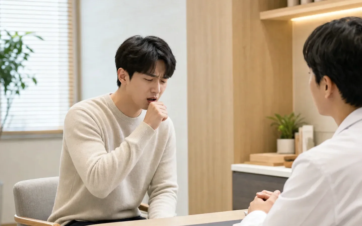 구강건조증 환자가 입마름 시간표와 치과 기록, 복용 약을 상담하는 현대 한의원 진료 장면