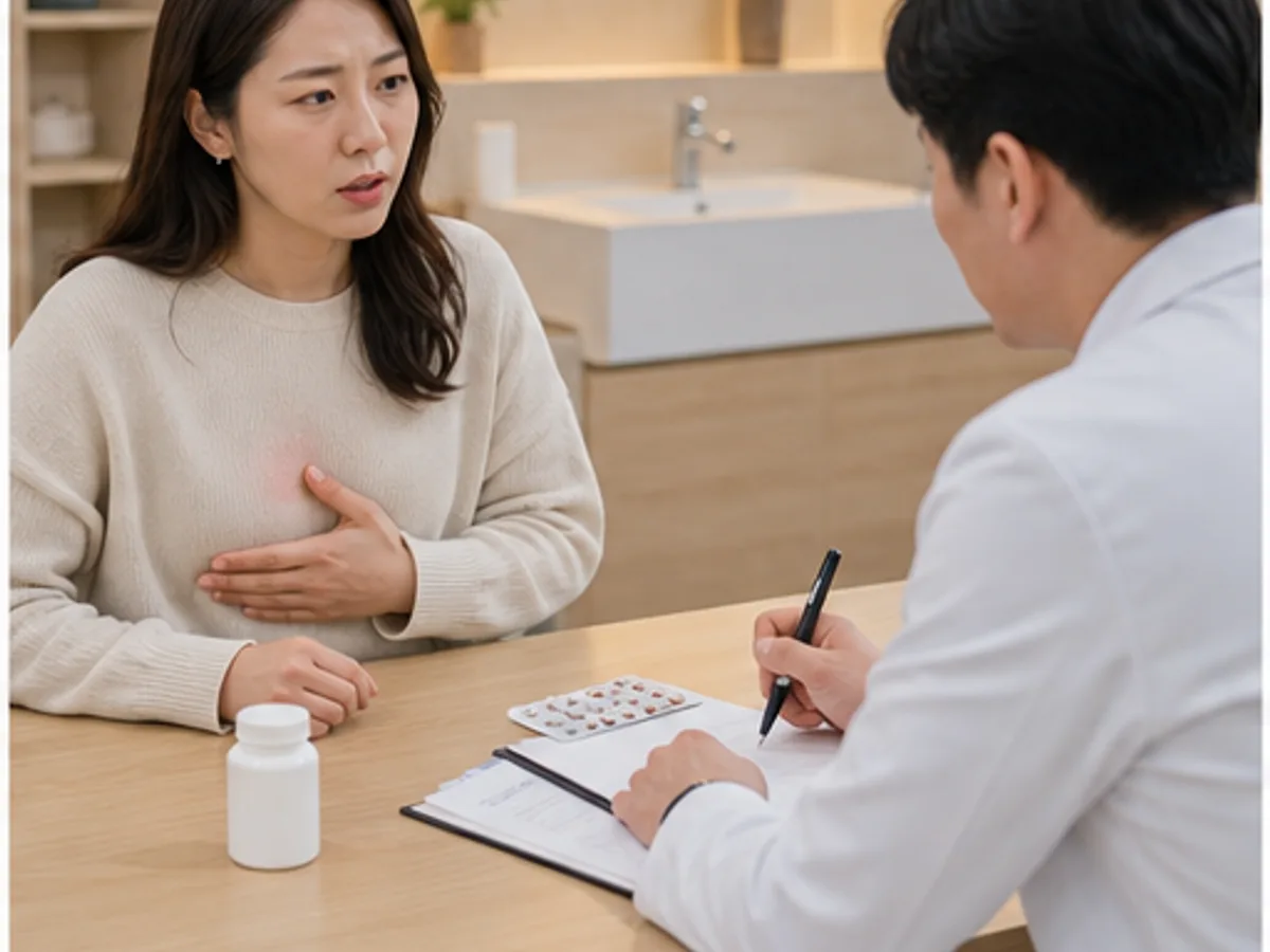 십이지장궤양 환자가 공복 명치 통증과 헬리코박터 치료 기록을 상담하는 모던 한의원 장면