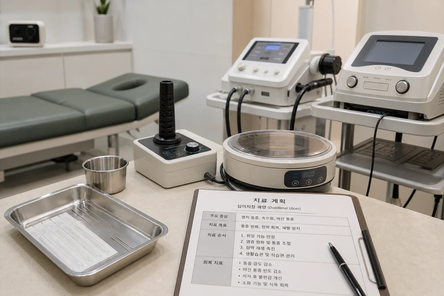 십이지장궤양 회복을 위해 침 치료 도구와 온열 장비, 치료계획표를 준비한 사람 얼굴 없음 모던 한의원 치료실