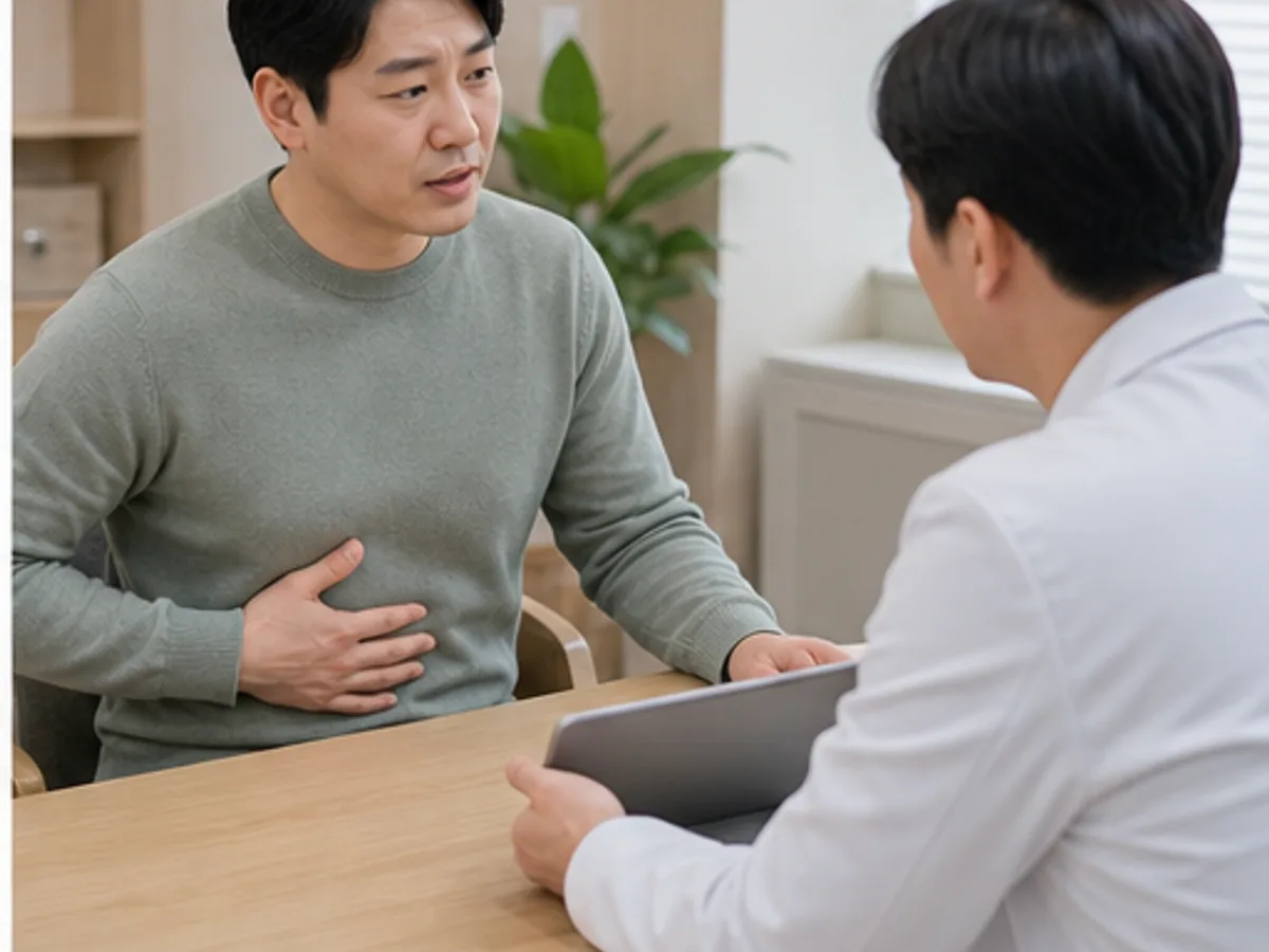 십이지장염 환자가 내시경 결과와 명치 통증을 상담하는 모던 클리닉 장면